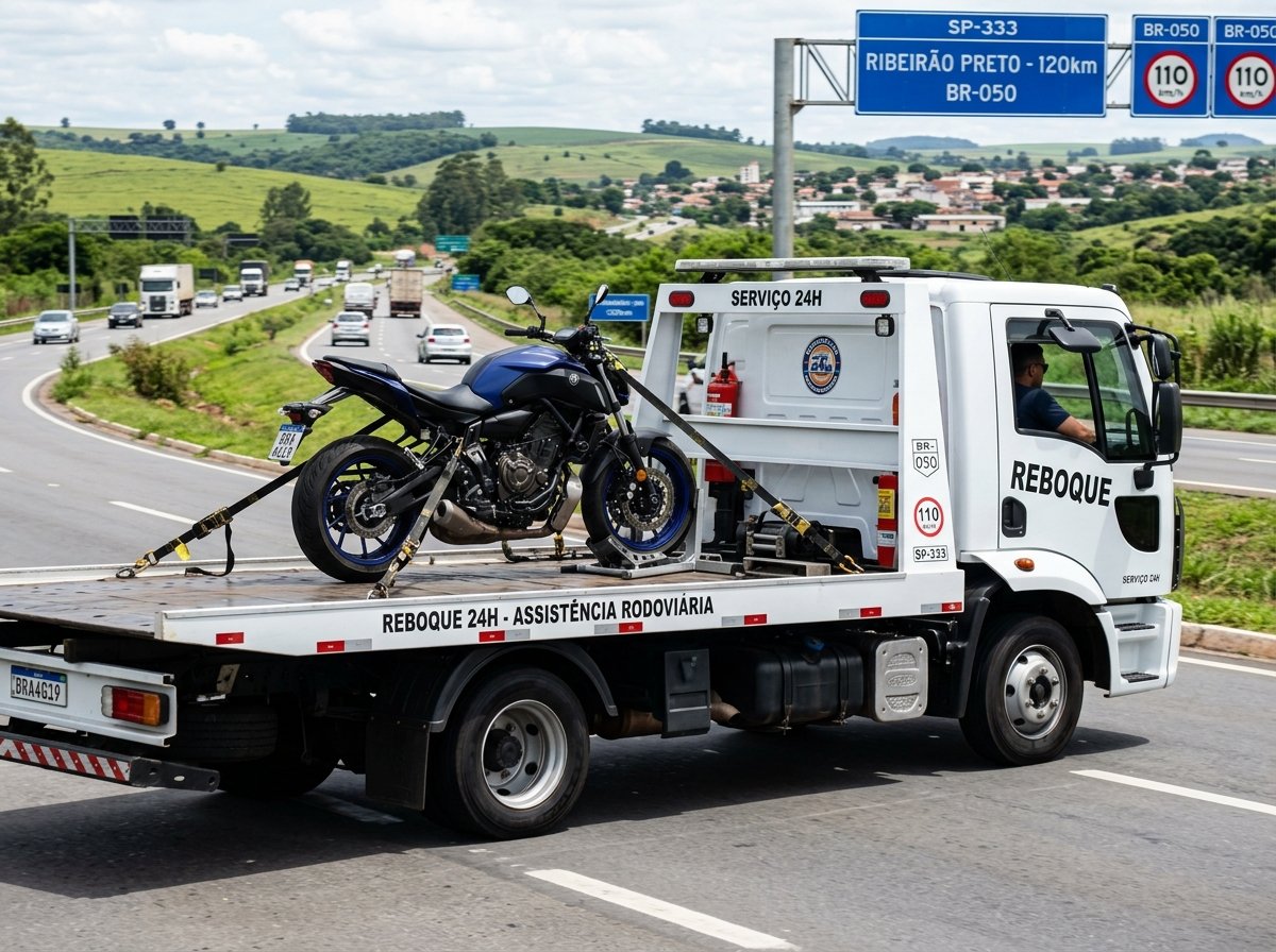Motocicleta transportada com fixação segura na plataforma do guincho
